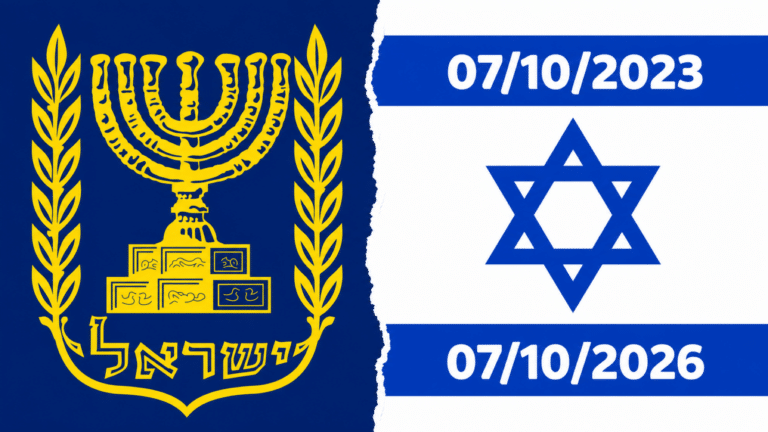 Stemma dello Stato d’Israele e bandiera israeliana, separati da uno strappo, con le date 7 ottobre 2023 e 7 ottobre 2026.