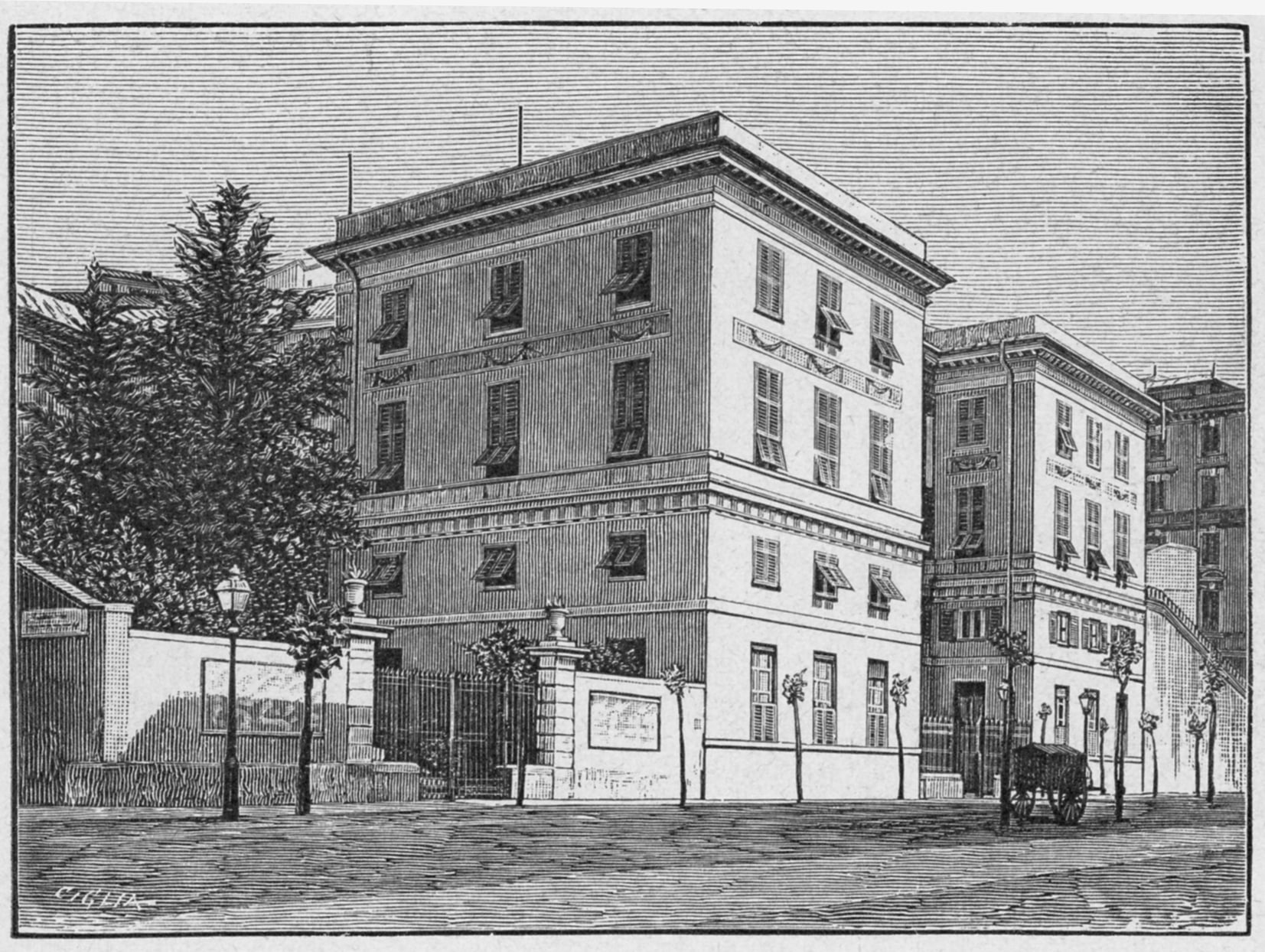Incisione dell’Istituto David Chiossone a Genova all’epoca della fondazione