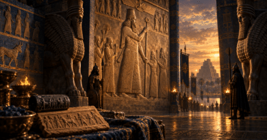 Ricostruzione di un palazzo mesopotamico con Lamassu, rilievi reali e una ziggurat sullo sfondo.