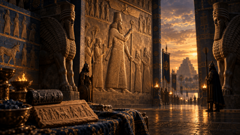 Ricostruzione di un palazzo mesopotamico con Lamassu, rilievi reali e una ziggurat sullo sfondo.