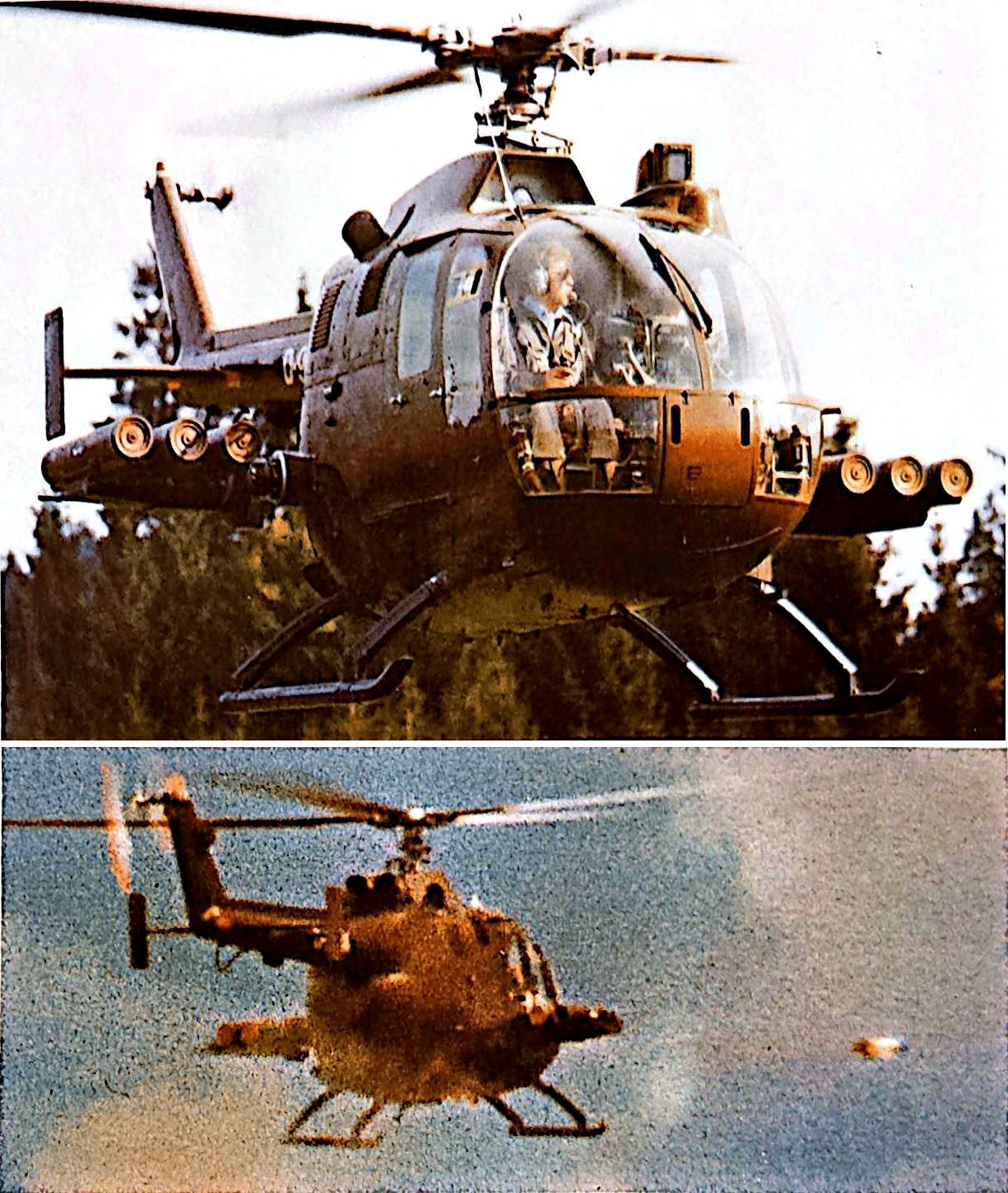 Due fotografie del BO 105 controcarro: vista frontale e lancio di un missile HOT.