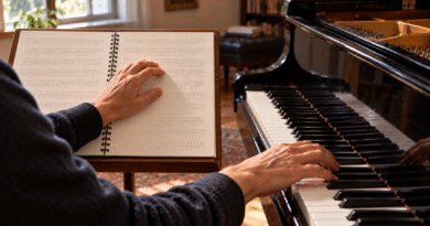 Una mano legge uno spartito in Braille mentre l’altra suona un pianoforte a coda.