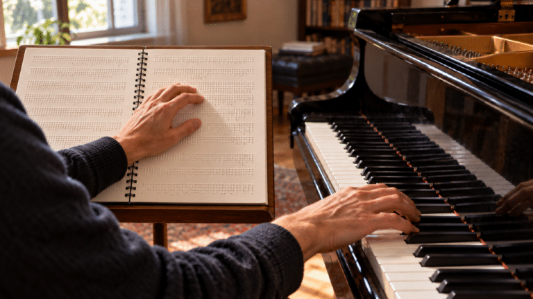 Una mano legge uno spartito in Braille mentre l’altra suona un pianoforte a coda.