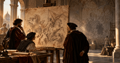 Illustrazione della Battaglia di Anghiari con cavalieri e cavalli in uno studio rinascimentale fiorentino