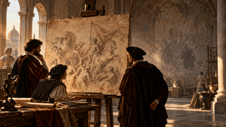 Illustrazione della Battaglia di Anghiari con cavalieri e cavalli in uno studio rinascimentale fiorentino