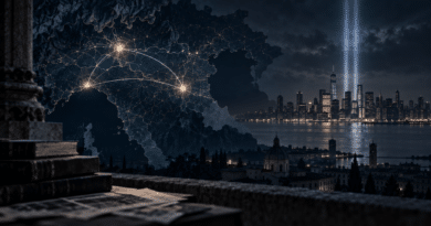 Illustrazione concettuale con una mappa dell’Italia, collegamenti luminosi e due fasci di luce sullo skyline di New York