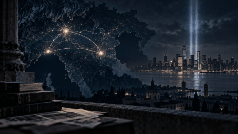 Illustrazione concettuale con una mappa dell’Italia, collegamenti luminosi e due fasci di luce sullo skyline di New York