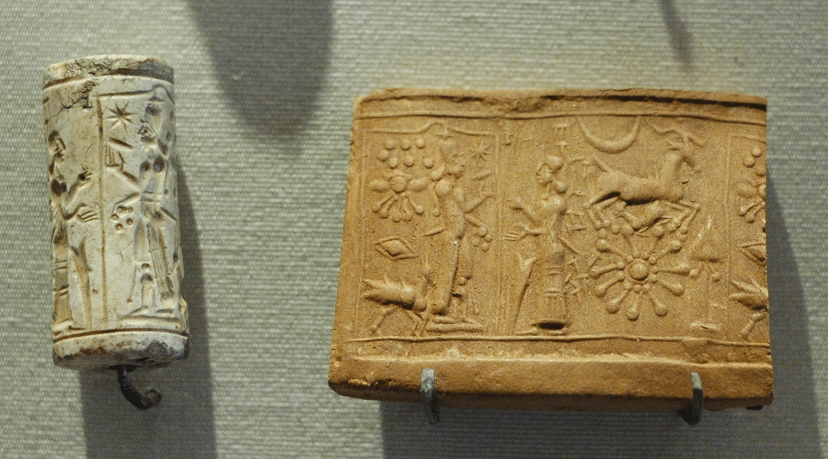 Sigillo cilindrico mesopotamico e relativa impressione con Shamash
