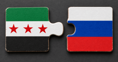 Bandiere di Siria e Russia su due tessere di puzzle, su sfondo grigio scuro